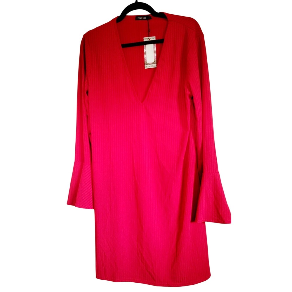 Boohoo 12 Red Dress Handkerchief L/S Plunging‎ V-Neckline Sexy Stretch NWT